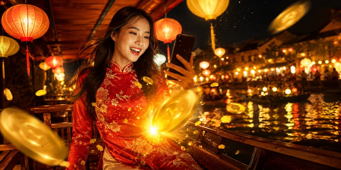 Người chơi sử dụng điện thoại tại Hà Nội với đèn lồng truyền thống